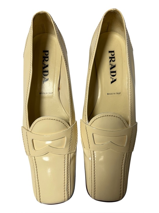 Prada Shoes - Vintage Prada Ivory Patent Leather Square Toe Loafers Size 39.5